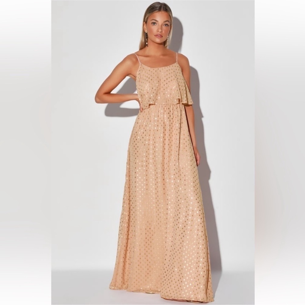 Lulus Blush Gold Polka Dot Maxi Dress |Size  XS | 
Boho Cottagecore Festival